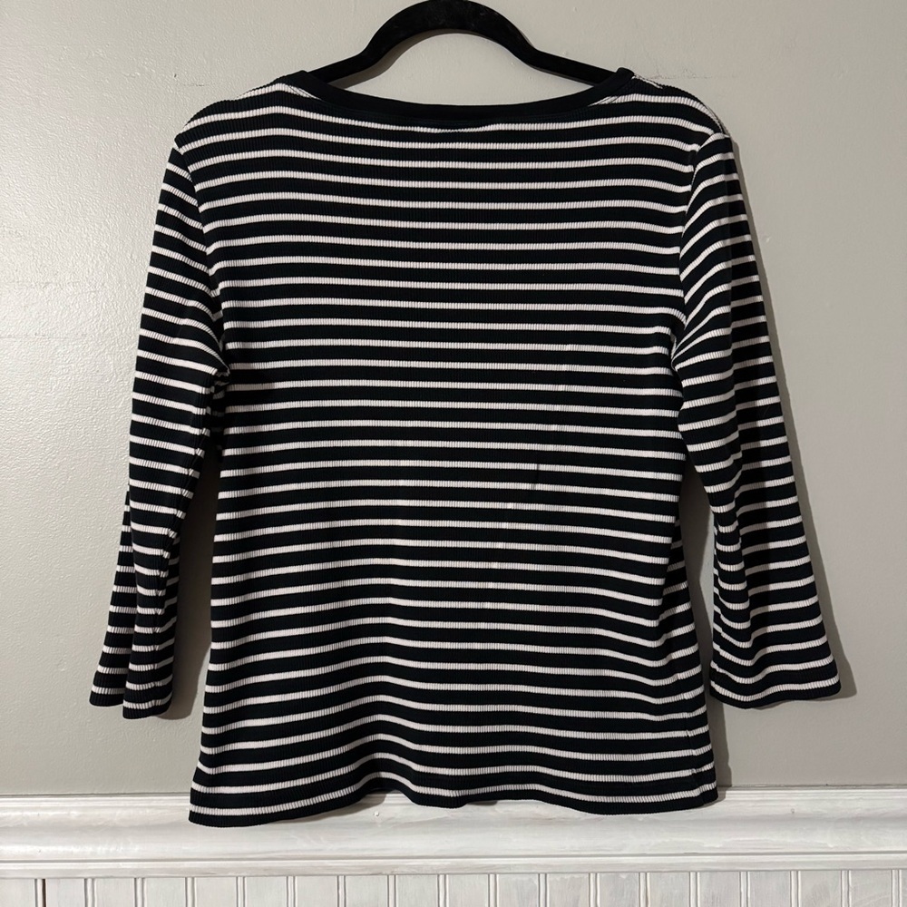 Lauren Ralph Lauren | Black & White Stripe Boat Neck Top Size Large - Picture 3 of 7